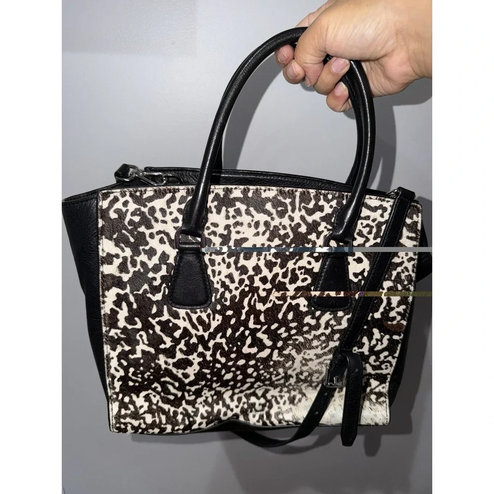 Michael Kors Sophie Large Satchel Bag Black Leather with Calf Hair Black White 1